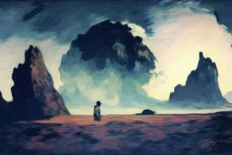 planet, person, mountains, rocks, sand, desert, space, vegetation, distant mountains, edouard manet and claude monet painting