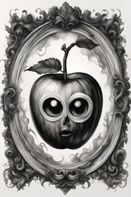 A realistic drawing in negative space black ink on white background of a apple in a mirror baroque with very defined tearing eyes and correct details and brushstrokes smoke around it