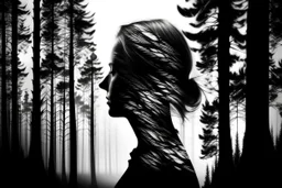 Silhouette of a Nordic queen filled with a forest , double exposure, crisp lines, monochrome background