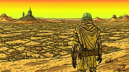 Desert warrior from behind looking at a city in the distance, comic style