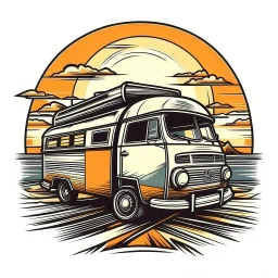 A retro camper van parked by the ocean, nostalgic, carefree, golden hour lighting, T-shirt design graphic, vector, contour, white background.