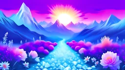 sentiero di montagna con cristalli, con paesaggio floreale sole nascente cielo azzurro con colori pastello