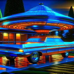 award winning car and driver digital 64k photorealistic image of a futuristic used UFO station wagon designed by an unknown alien civilization for sale in the front yard of a kentucky home, only one vehicle per image painted metallic orange traveling at a high rate of speed,the rear with bright blue flame, bilaterally symetrical