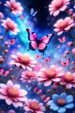 watercolor butterflies glitter pink surrounded by flowers and blue in a galactic ambiance, delicate colors in the foreground, full of details, smooth, light effect，vaporwave colorful, smooth, extremely sharp detail, finely tuned detail, ultra high definition, 8 k, unreal engine 5, ultra sharp focus