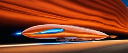 award winning car and driver photograph of a futuristic station wagon dirigible hybrid designed by only one vehicle per image painted metallic orange traveling at a high rate of speed, jet intake off of front center of vehicle and jet exhaust out the rear with bright blue flame, bilaterally symetrical, more a high speed road vehicle