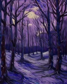 A purple winter forest painted by Vincent van Gogh