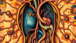 Surrealistic representation of the interior of a human body, highly detailed and intricate, with vibrant colors and abstract shapes, inspired by Salvador Dali's paintings, digital art by Alex Grey and HR Giger.