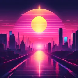 all night in a future city beautiful, synthwave picture style with light pixel, the sunset on the horizon, with a big pixelated sun and a half moon