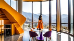 A woman with a purple dress standing in a modern room with large windows overlooking a mountainous landscape, a round table with orange chairs, and wooden stairs on the left.