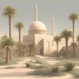 مساحة منبسطة من الأرض بها بعض النباتات وبعض الصخور وأشجار النخيل ويظهر بالجوار مسجد