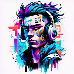 Tshirt design, cyberpunk, art boys for style tattoo, abstract color hair, headphone, multimedia, with text "digi", Grafity style, White background.