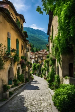 Create a realistic photograph of a small Italian town at Como Lake in late spring. Use a wide lens and a Fuji 30 camera.