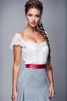 upper body closeup of very beautiful lady skirt and bluse , Braided hair ,standing idle pose in studio pretty makeup