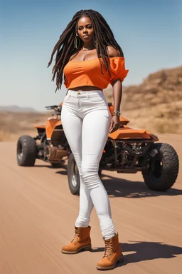 Create a watercolor image of a curvy African American female wearing tight white jeans and a off the shoulder orange blouse. She is also wearing timberland boots. Prominent make up with hazel eyes. Highly detailed very long extremely dread locs black hair. Her skin is smooth and silky. Background of a track of ATV riders.