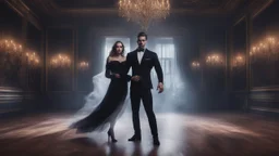 Hyper Realistic close-up-view-of-handsome-muscular-man-in-black-tuxedo dancing with a female-ghost inside a super-dark-fancy-hall-of-a-mansion with creepy flying-ghosts behind showing dramatic & cinematic ambiance