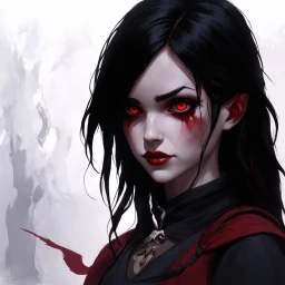 a pretty girl, 14 years old, black hair, red eyes, vampire, realism, stylised, serana