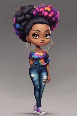 create a colorful abstract digital art image 8k of a chibi curvy black female wearing torn jeans pants and a black-tie dye off the shoulder blouse. Prominent make up with hazel eyes. Highly detailed high bun in her hair