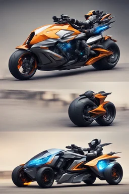 A combination of ultra-advanced car and crazy Max fighter, super sporty, with color and nano technology An advanced motorcycle with four wheels and a turbo jet in the back with rockets and machine guns