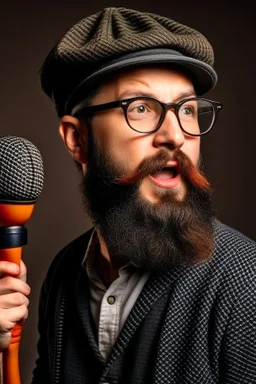 Man fires up with a microphone in his hand, wears glasses, hat, beard, looks like a clog.