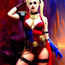 Drawing of beautiful face,'beautiful booty ,Busty Harley Quinn',intense stare, ancient skintight armor, balanciaga fashion clothe painting by gaston bussiere, greg rutkowski, yoji shinkawa, yoshitaka amano, tsutomu nihei, donato giancola, tim hildebrandt, Oil on canvas, cinematic composition, extreme detail,fit full head inside picture,16k