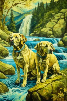 Portrait of 2 labradors by Van Gogh, the scenery is in a fantasy forest with a waterfall coming down from a high mountain