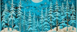 A cyan winter tundra with falling snowflakes designed in Javanese shadow puppets painted by Hashimoto Gahō