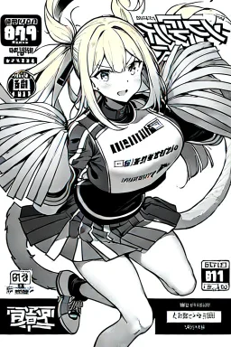 blonde girl with tails and cheerleader jacket, line arts, manga cover, greyscale