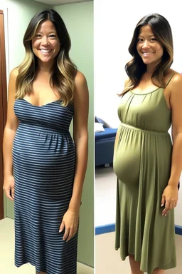 Gina Rodriguez in original form, brunette hair, casual attire, unaltered physique, plain maternity dress ill-fitting, loose around shoulders, no pregnancy curves, everyday features, unchanged facial expression, standard posture. The dress hangs loosely, a misfit on her unaltered silhouette, highlighting the absence of pregnancy curves and accentuating her regular frame. The changing room, well-lit, mystical symbols decorating the walls, soft ambient lighting, creating an enchanting atmosphere.