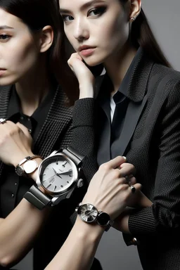 Create an image that simulates the perspective of wearing a 31mm watch on a wrist. Showcase the watch in different styles, demonstrating how it complements various outfits for both men and women.