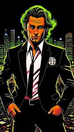 Diego Forlan Football soccer player posing black suite. Dark detective comic. Book cover detective mistery sin city 1990.