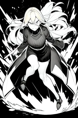 angry blonde girl, pose, full body, greyscale