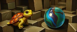 master oil painting by Rembrandt, marble madness turtle character portrait, a living bowling marble in a twisted block maze, scenery from the game "marble madness"