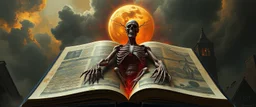 a high definition screen shot of A OPEN ANATOMY BOOK, retrofuturistic, phototrealism, Macabre Rapture End of days Revelation scene, isanely detailed matte oil painting, sinner apotheosis,diagonal composition, unbalanced, abstract surreal horror, eerie, scary warm colors, Eldritch, JonKnockTurnal 2999 ufo, bilaterally