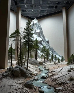 Photograph, giant museum exhibition, wires a mass of terrain, giant museum space, trees, pillars, high walls, high peak in a room, rag, powder, brook, sediments, deflagration of the background, geological formation, light, architecture, minimalist, details of the terrain very accentuated, 8k, deep 3d field, sharp, brutalist, hasselblad h6d400c --ar 85:128 --v 6.0