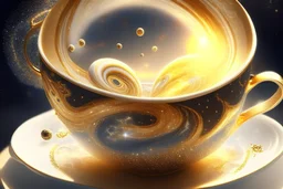 A universe swirling in a beautiful gold rimmed porcelain coffee cup, with planets, stars, steam, masterpiece, in sunshine