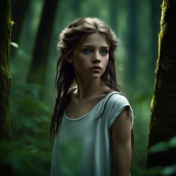 thin 12 year old girl with dark tangled and knotty hair and blue eyes wearing a ripped and dirty white teeshirt, in a forest , photorealistic, dark fantasy