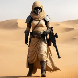 a female version of Mad Max in Dune stillsuit as a Tusken Sand People, holding a rifle ,in a full body dynamic pose