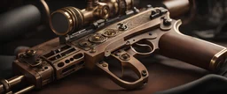 High-end state-of-the-art STEAMPUNK aesthetics flawless Colt M1921A Thompson submachine gun, supreme cinematic-quality photography,waltnut wood handle,Art Nouveau,Vintage style Octane Render 3D technology,hyperrealism photography,(UHD) high-quality cinematic render,Insanely detailed close-ups capturing beautiful complexity,Hyperdetailed,Intricate,8K,