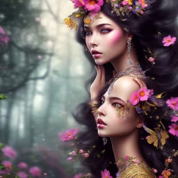 black skin fairy, beautiful portrait, flowery landscape