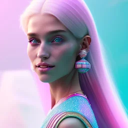 A portrait of a crystalised very bequtifull girl,smiling, laughting, long hairs white , atmospheric, realistic,, cinematic lighting, octane render,, pink turquoise light, white skin, pink atmosphere