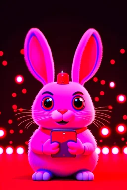 Smiling, happy, cute rabbit bunny robot working on a smartphone, long ears, lunar new year parade, celebration vibe, red main color, congratulation, gongxi facai, fireworks, 3d render, unreal engine 5