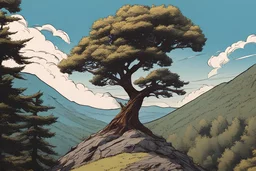 A tree on the top of a mountain, clear sky, comic book, forest, cinematic,