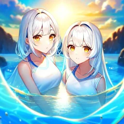 8k, Girl, high quality, detailed, white hair, golden eyes, beautiful lighting, vibrant colors, twins, water magic