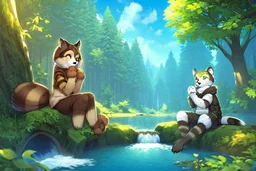 Girl, green hair, raccoon tail, raccoon paws in hand, raccoon paws in foot, forest, river, sit on tree, coat on neck, with tongue out, big tail, furry