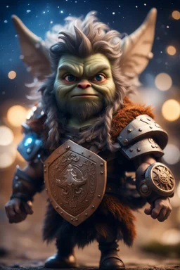 gremlin viking with wild hair and big shield Under stjerners gnist Vi går som ett, vår tro et løfte ,bokeh like f/0.8, tilt-shift lens 8k, high detail, smooth render, down-light, unreal engine, prize winning