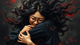 Amidst the chaos, a bespectacled Asian woman, lychee-pink skin glowing against the blackness, is seen embracing a figure shrouded in shadows. Her eyes are closed, yet her eyebrows arch in anguish as she enfolds the mysterious form in her arms. The woman's hair, a tumble of dark waves, disperses in every direction like a scattering of galaxies, blending with the swirling paint-like entities that ooze from the background. Unfettered joy and despair entwine in her creased face, as if she's surrende