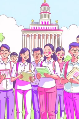 Ilustrasi beberapa sekelompok pemuda memegang salinan konstitusi Indonesia, dan berada di depan gedung konstitusi (ilustrasi warna pastel)