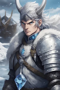 in anime style,1older man, a older man with blue eyes and black hair man in silver Viking armor with fur around the neck with blue crystal on necklace standing in the water holding an axe in his hands standing outside a city on an artic tundra, warrior in anime style,