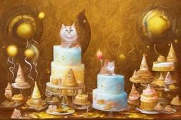 beautiful composition, cat birthday party with cake, watercolor and ink, golden glitters in ochre in sunshine