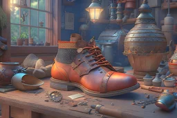 mediaeval cobbler in his workshop, 8k, RTX, realistic, 3D, intricate details